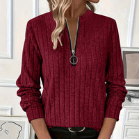 Women's Elegant Half-Zip Knit Sweater Round Neck Long Sleeve Pullover For Solid Color Casual Wear