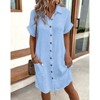 Summer Simplicity V-neck Buttons Cotton Linen Women's Shirt Dress
