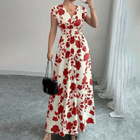 Women's Wrap V Neck Short Sleeve Empire Elastic Waist Summer Casual Elegant Maxi Long Dresses