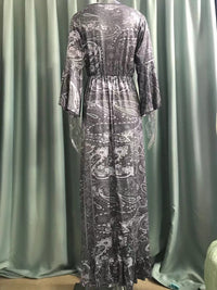 Bohemian Flare Sleeve Printed V-neck High Waist Holiday Dress Floral Female Dress