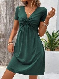 Color Cotton Short Sleeve V-neck Design Chest Twist Waist Dress