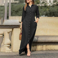 Womens Casual Button Down Denim Maxi Dress Long Sleeve Long Jean Dresses With Pockets