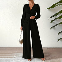 Elegant Cross V-Neck Belted Jumpsuit – Long Sleeve Wide-Leg Pantsuit