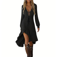 Women's Solid Color Deep V-Neck Irregular Ruffle Hem Sexy Tie-Waist With Cuffed Sleeves Summer Gothic Lace Trim Midi Dress