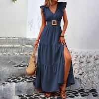Women's Elegant V-Neck Maxi Dress Short Sleeve Solid Color High Slit Long Dress For Summer Tea Party & Casual Wear