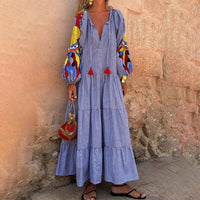 Women's Stripe Maxi Dress, V Neck Puff Long Sleeve With Tiered Ruffle Hem Swing Dress