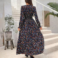 Women's V-Neck Floral Print Long Sleeve Maxi Dress - A-Line Hem With Lace Cuff Details, Elegant Bodycon Dress For Spring&Summer