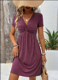 Color Cotton Short Sleeve V-neck Design Chest Twist Waist Dress