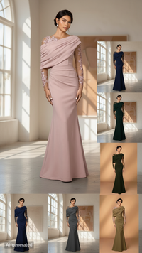 Evening Dress With Asymmetrical Draped Neckline, Sheer Lace-Embroidered Sleeves
