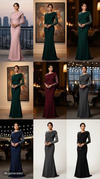 Evening Dress With Asymmetrical Draped Neckline, Sheer Lace-Embroidered Sleeves