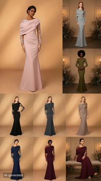 Evening Dress With Asymmetrical Draped Neckline, Sheer Lace-Embroidered Sleeves