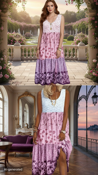 Women's Plus Size Boho Floral Dresses Sleeveless Tiered Pleated Swing Long Sundress