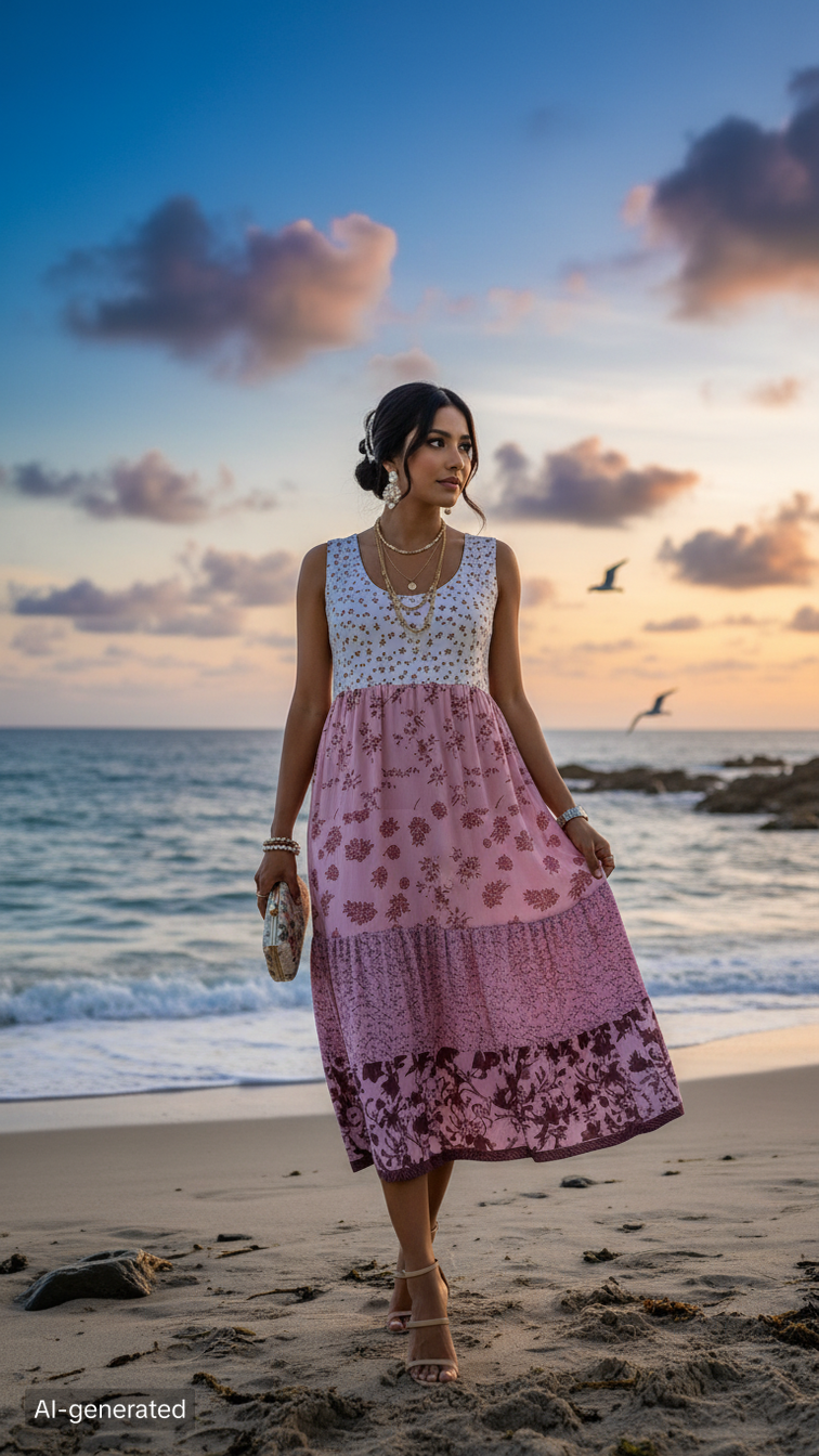 Women's Plus Size Boho Floral Dresses Sleeveless Tiered Pleated Swing Long Sundress