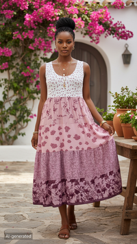 Women's Plus Size Boho Floral Dresses Sleeveless Tiered Pleated Swing Long Sundress