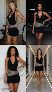 Sexy Slim Deep U-neck Dress With Sequin Mesh Patchwork Design Ins Fashion Halter Short Dresses Women's Clothing