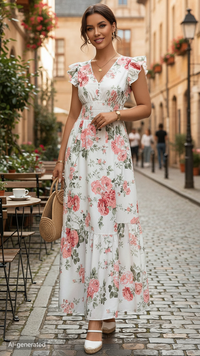 Womens Casual Summer Maxi Dress Flutter Short Sleeve V Neck Smocked A Line Flowy Beach Vacation Long Dresses