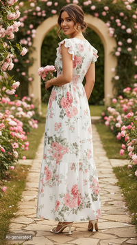Womens Casual Summer Maxi Dress Flutter Short Sleeve V Neck Smocked A Line Flowy Beach Vacation Long Dresses
