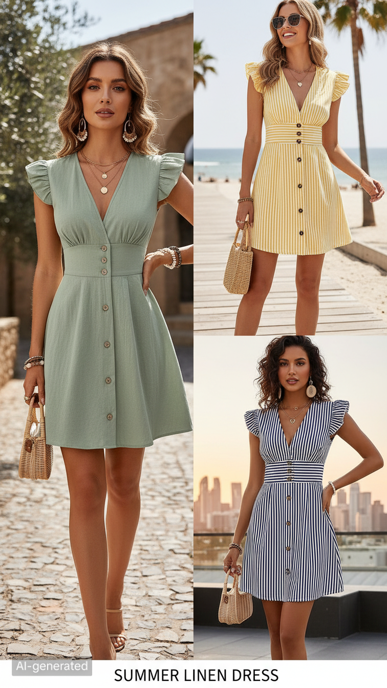 Summer V-neck Single-breasted Fly-sleeve Women's Shirt Dresses With Elegant Splicing Stripe Printing Beach Style Dress