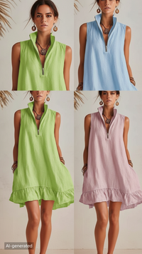 New Stylish Casual Loose Half-Zip Sleeveless Dress With Ruffle Hem