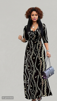 Women's Summer Geometric Print Maxi Dresses Casual 3 4 Sleeve V-Neck Tie Waist Long Dress