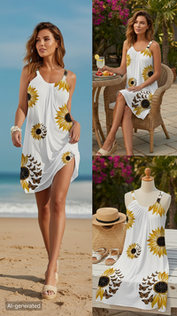 Plus Size Sleeveless Camisole Sunflower Printed Vest Elegant Wrap Women's Sexy Party Casual Loose Dresses