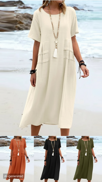 Women's Summer Loose Casual Midi Dress Breathable Cotton Linen Short-sleeve Mid-length Dresses Women Simple Beach Dress