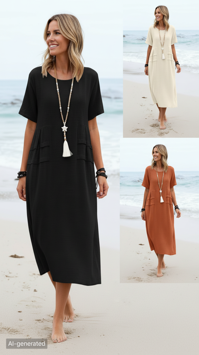 Women's Summer Loose Casual Midi Dress Breathable Cotton Linen Short-sleeve Mid-length Dresses Women Simple Beach Dress