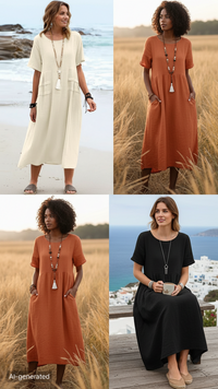 Women's Summer Loose Casual Midi Dress Breathable Cotton Linen Short-sleeve Mid-length Dresses Women Simple Beach Dress