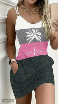 Vibrant Color Block Coconut Tree Print Cami Dress - Women's Casual Spaghetti Strap Dresses For Summer - Relaxed Fit, V-Neck, Short Sleeve, Above Knee Length, Easy Wear