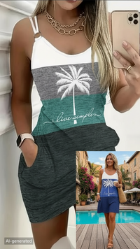 Vibrant Color Block Coconut Tree Print Cami Dress - Women's Casual Spaghetti Strap Dresses For Summer - Relaxed Fit, V-Neck, Short Sleeve, Above Knee Length, Easy Wear