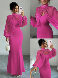 High-Neck Beaded Cape Sleeve Evening Dress Set, Mermaid Bodycon Slip Gown With Sheer Pearl-Embellished Overlay