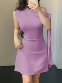 Women Asymmetrical One Shoulder Short Dress With Tie-Up Detail