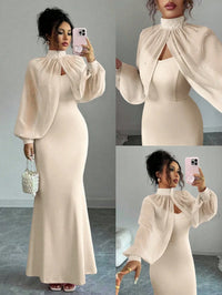 High-Neck Beaded Cape Sleeve Evening Dress Set, Mermaid Bodycon Slip Gown With Sheer Pearl-Embellished Overlay