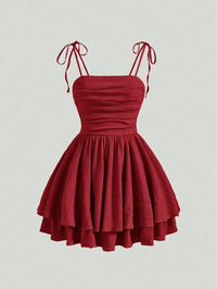 Mini Dress With Adjustable Spaghetti Straps And Tiered Skirt