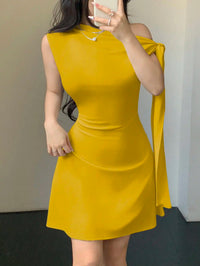 Women Asymmetrical One Shoulder Short Dress With Tie-Up Detail