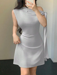 Women Asymmetrical One Shoulder Short Dress With Tie-Up Detail