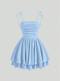 Mini Dress With Adjustable Spaghetti Straps And Tiered Skirt