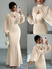 High-Neck Beaded Cape Sleeve Evening Dress Set, Mermaid Bodycon Slip Gown With Sheer Pearl-Embellished Overlay