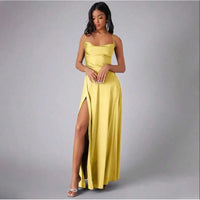 Teal Satin Spaghetti Strap Floor-Length Prom Dress With High Slit