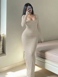 Women Square Neck Form-Fitting Light Beige Short Sleeve Bodycon Dress