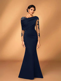 Evening Dress With Asymmetrical Draped Neckline, Sheer Lace-Embroidered Sleeves