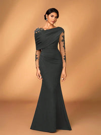 Evening Dress With Asymmetrical Draped Neckline, Sheer Lace-Embroidered Sleeves