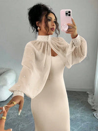 High-Neck Beaded Cape Sleeve Evening Dress Set, Mermaid Bodycon Slip Gown With Sheer Pearl-Embellished Overlay