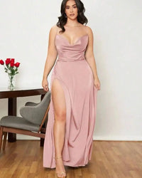 Teal Satin Spaghetti Strap Floor-Length Prom Dress With High Slit