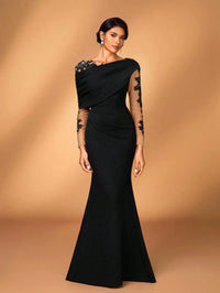 Evening Dress With Asymmetrical Draped Neckline, Sheer Lace-Embroidered Sleeves