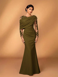 Evening Dress With Asymmetrical Draped Neckline, Sheer Lace-Embroidered Sleeves