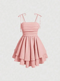 Mini Dress With Adjustable Spaghetti Straps And Tiered Skirt