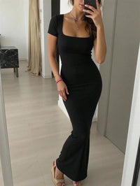 Women Square Neck Form-Fitting Light Beige Short Sleeve Bodycon Dress