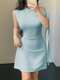 Women Asymmetrical One Shoulder Short Dress With Tie-Up Detail