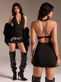 Flirla Black Deep V-Neck Backless Rhinestone Decor Bodycon Mini Dress